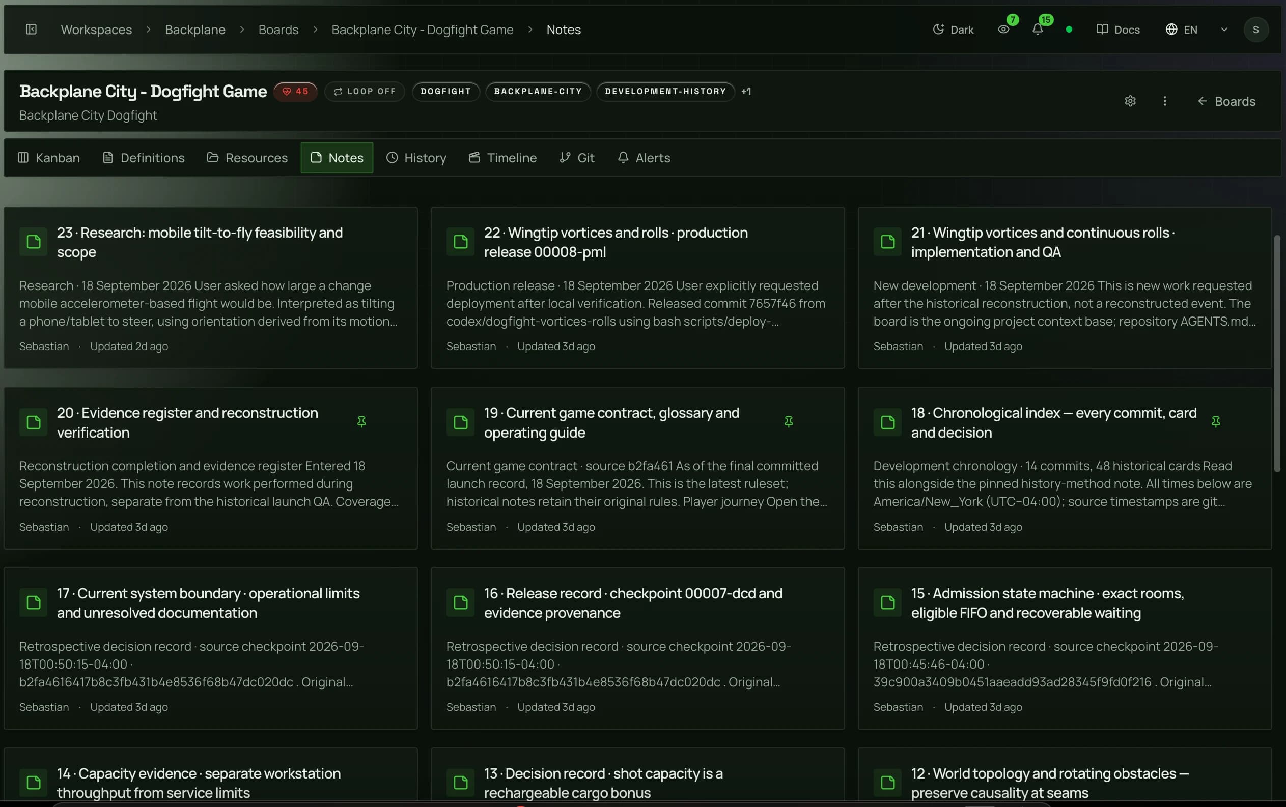 Backplane City notes with game design decisions, research, and release records