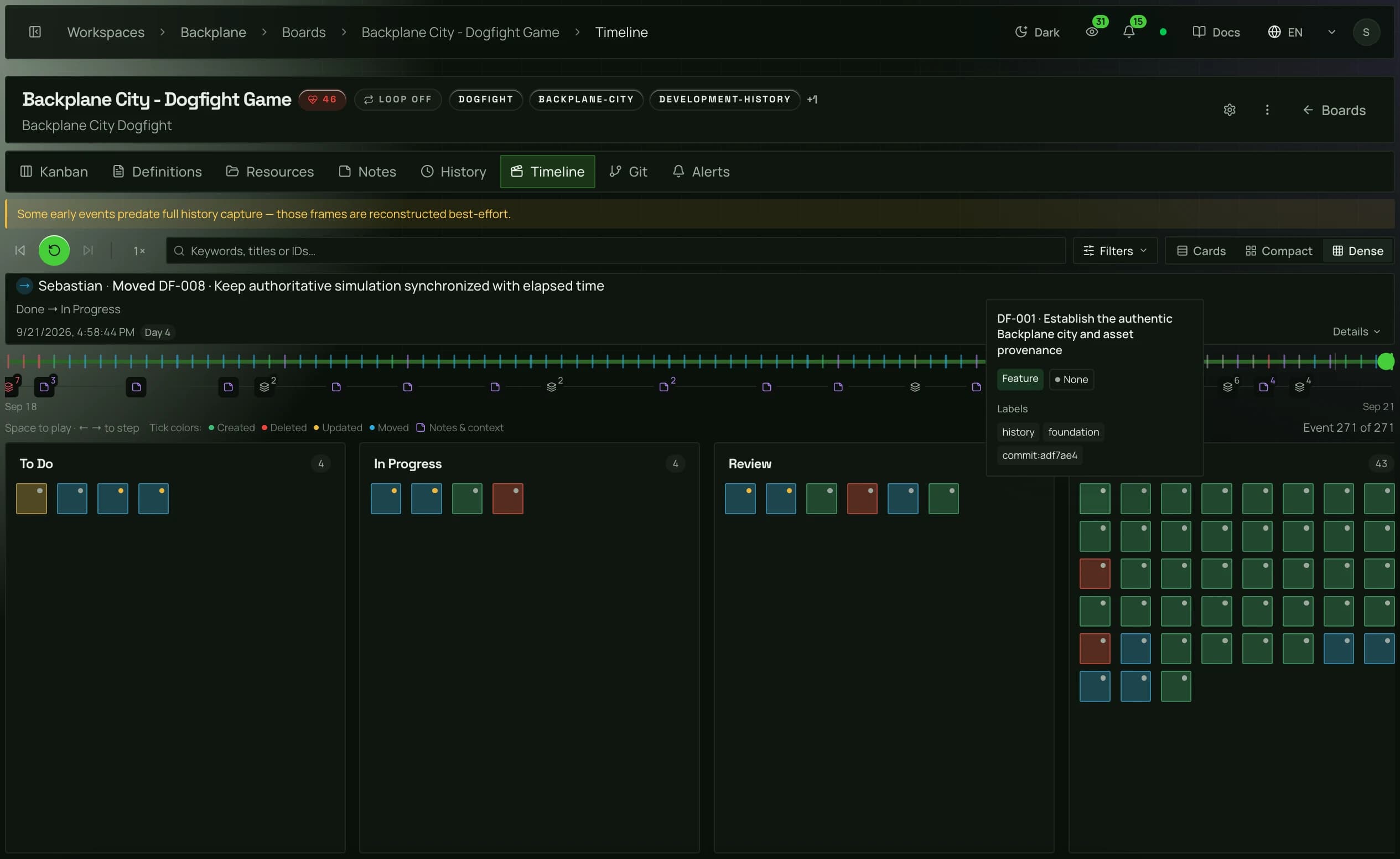 Backplane City timeline with project events and cards across the board columns